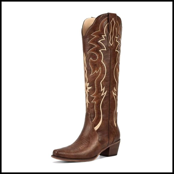 Knee High Cowboy Boots Retro Embroidered Chunky Heel Slip On Pointed Toe Western